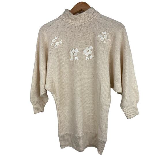 Vintage Avon Fashions Women's M Cream Pearl Satin Rosette Silk Blend Sweater - Picture 1 of 6